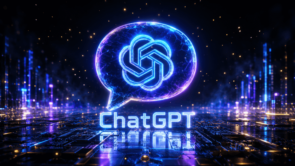 ChatGPT logo glowing in neon blue on futuristic digital background