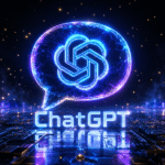 ChatGPT logo glowing in neon blue on futuristic digital background
