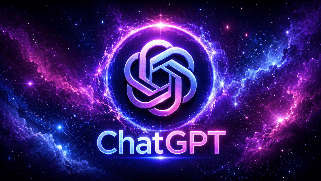 ChatGPT beginner guide 2026 neon logo in galaxy background