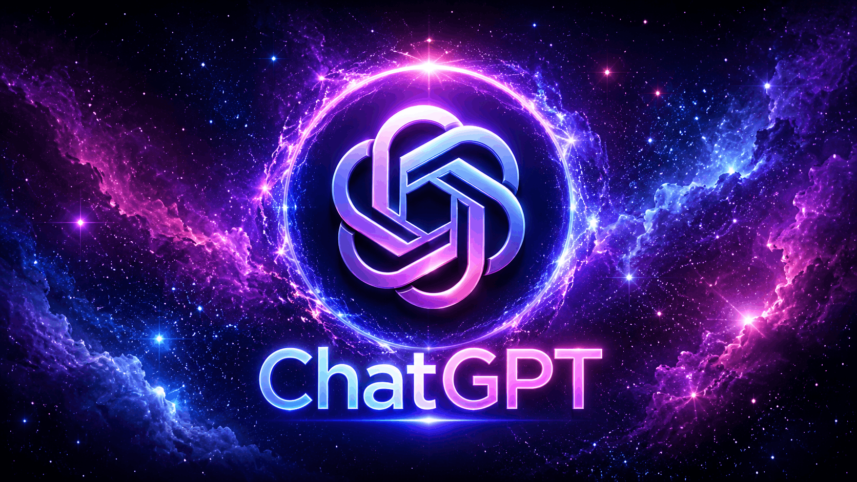 ChatGPT beginner guide 2026 neon logo in galaxy background