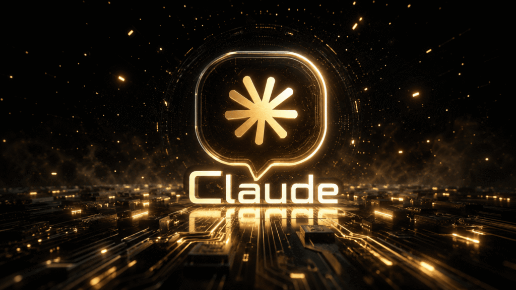 Claude AI logo glowing in gold on a dark futuristic circuit board