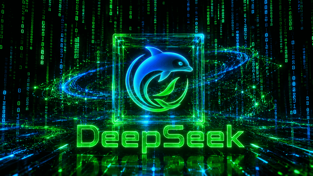 DeepSeek AI logo glowing in neon green on dark matrix code background
