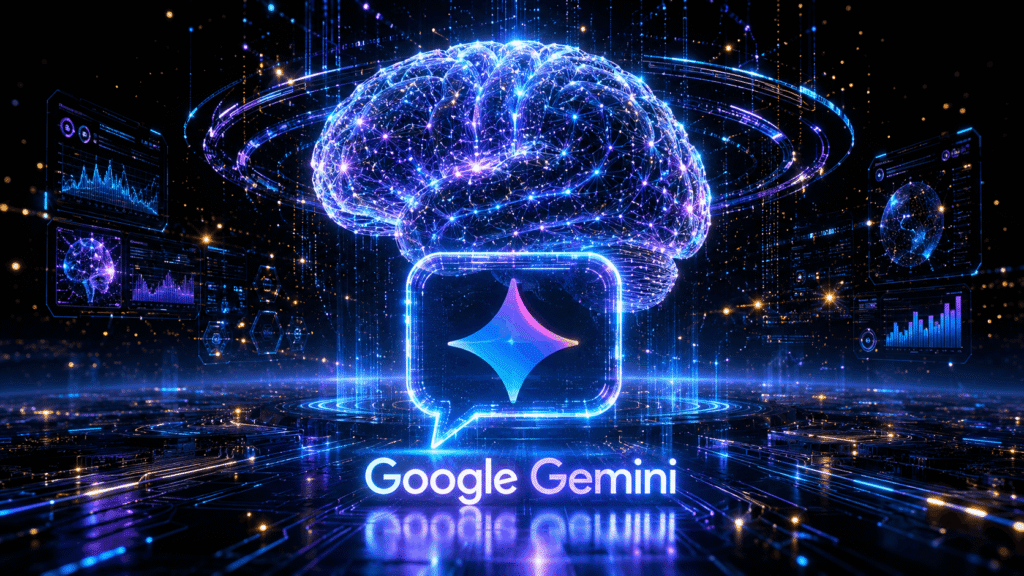 Google Gemini logo with glowing AI brain on dark digital background
