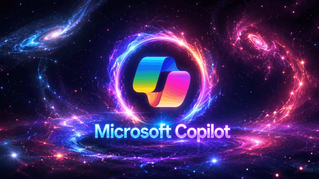 Microsoft Copilot logo glowing in vibrant cosmic galaxy background
