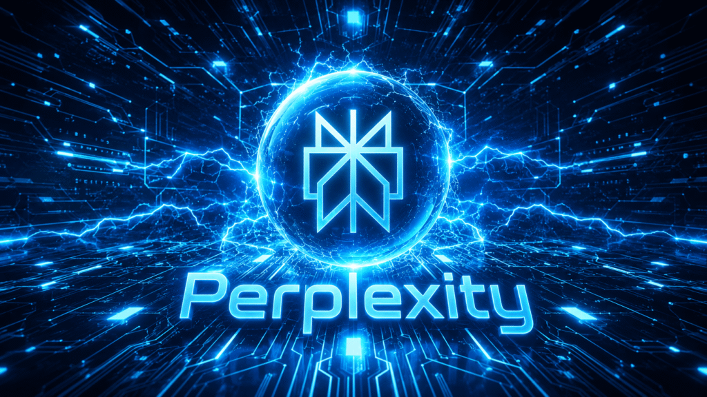 Perplexity AI logo surrounded by electric blue lightning on dark circuit background
